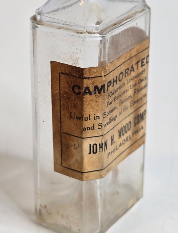 Vintage Camphorated Oil Camphor Liniment by John H Wood Apothecary Bottle Empty gallery