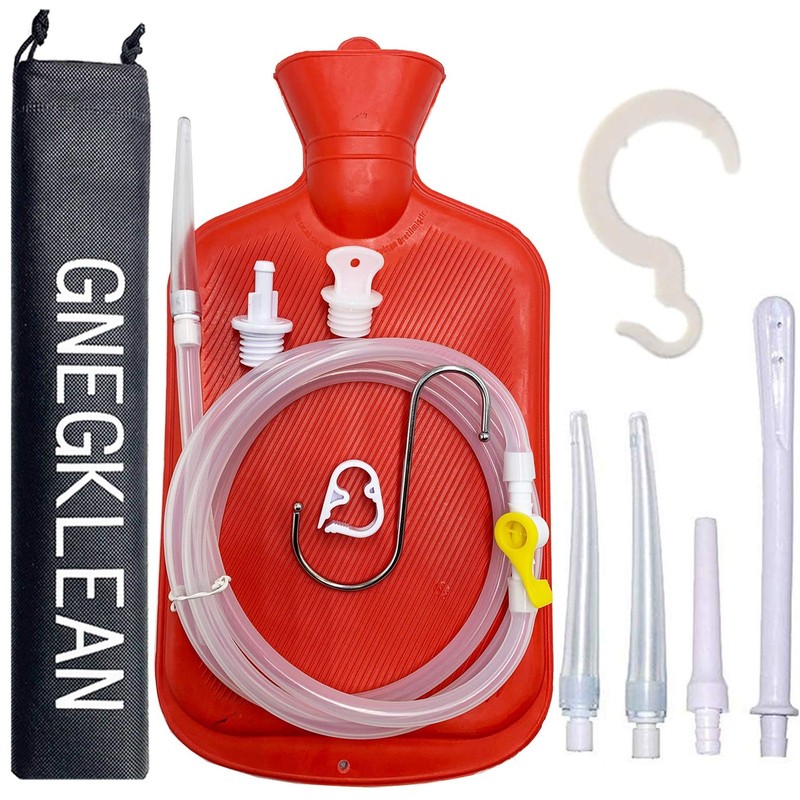 GNEGKLEAN Coffee Enema Bag Kit – 5.0ft Silicone Hose 2L 6 Piece Set, Red