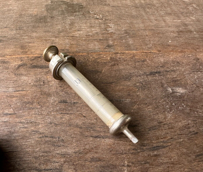 Vintage Old Collectible Rare Brass And Glass Unique Syringe With Box Italy Made gallery
