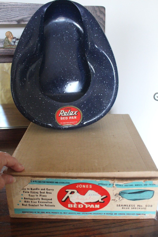 Vintage Jones Relax Bed Pan No. 508 Blue Speckled Porcelain Enamelware w Box