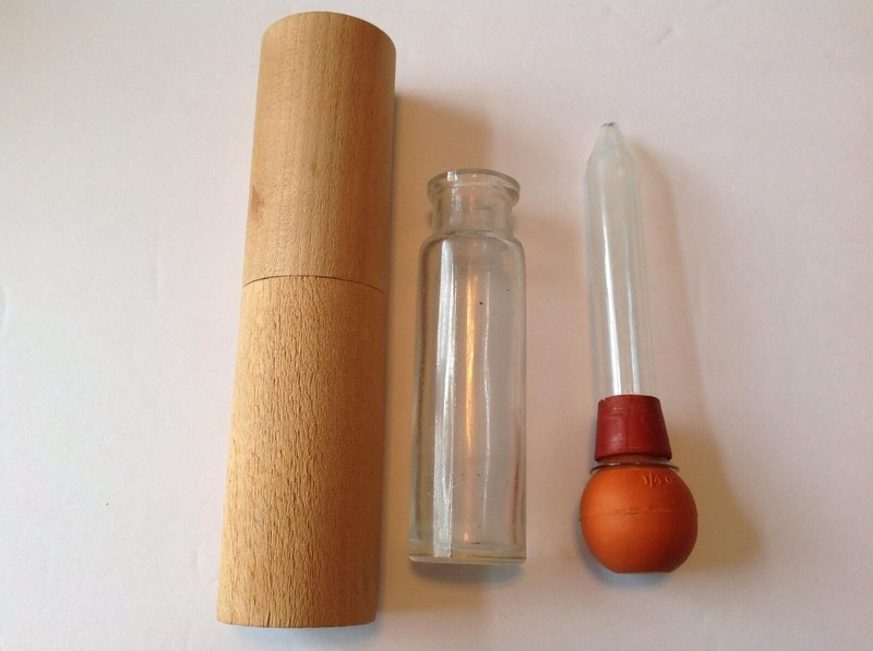 Vintage Rubber Bulb Glass Syringe In Wood Tube Container. Measurements Are Below gallery