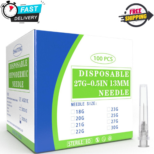 100 Pack 27 Ga 1/2 inch Disposable Needles with Caps for 27G