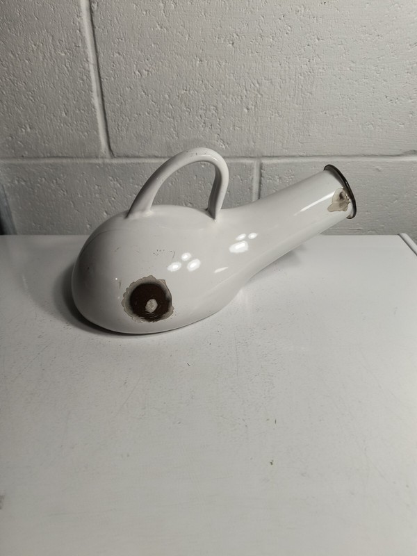 Vintage Enamelware Bedpan White Urinal Bed Pan Black Trim Patina Primitive gallery