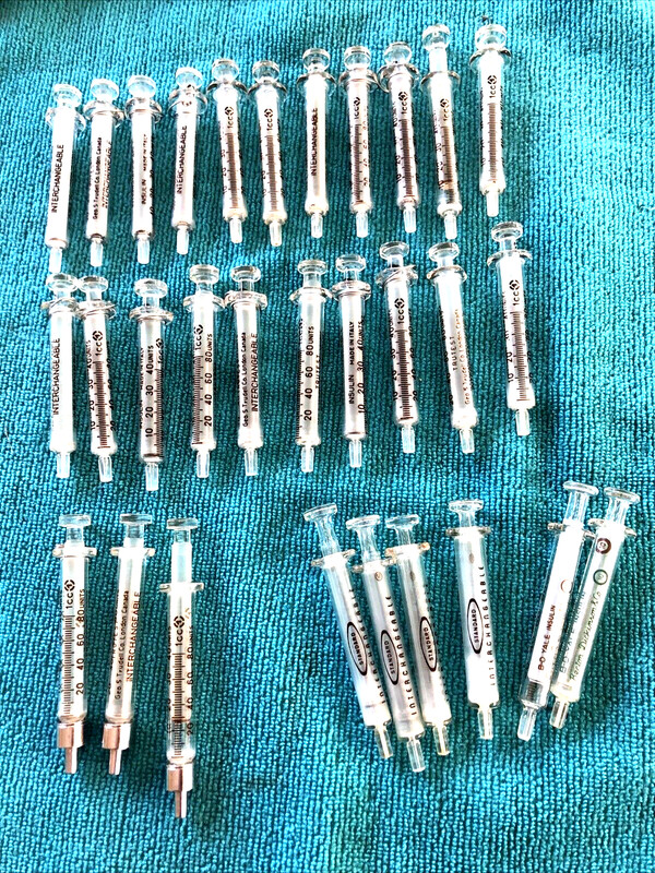 24-Vintage Italy Glass Syringes 1CC New Old Stock Medical & 4 BD, 2 Standard