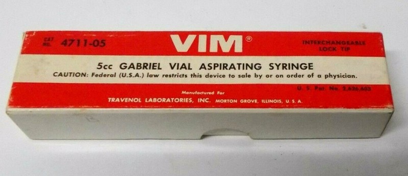 Vintage VIM Gabriel Vial Aspirating Glass Syringe 5cc , NOS , Sealed