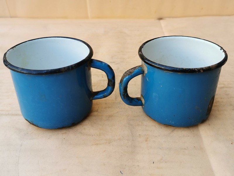 OLD VINTAGE TIN MUG POT MEDICINE PANNIKIN MADE IN USSR SIGNED - LOT OF 2 gallery