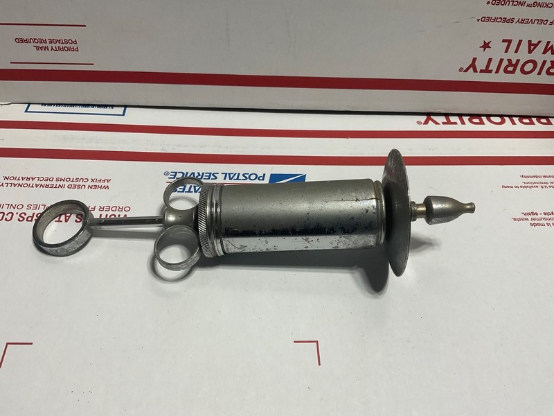 Vintage large metal irrigation syringe with nozzle – parts only