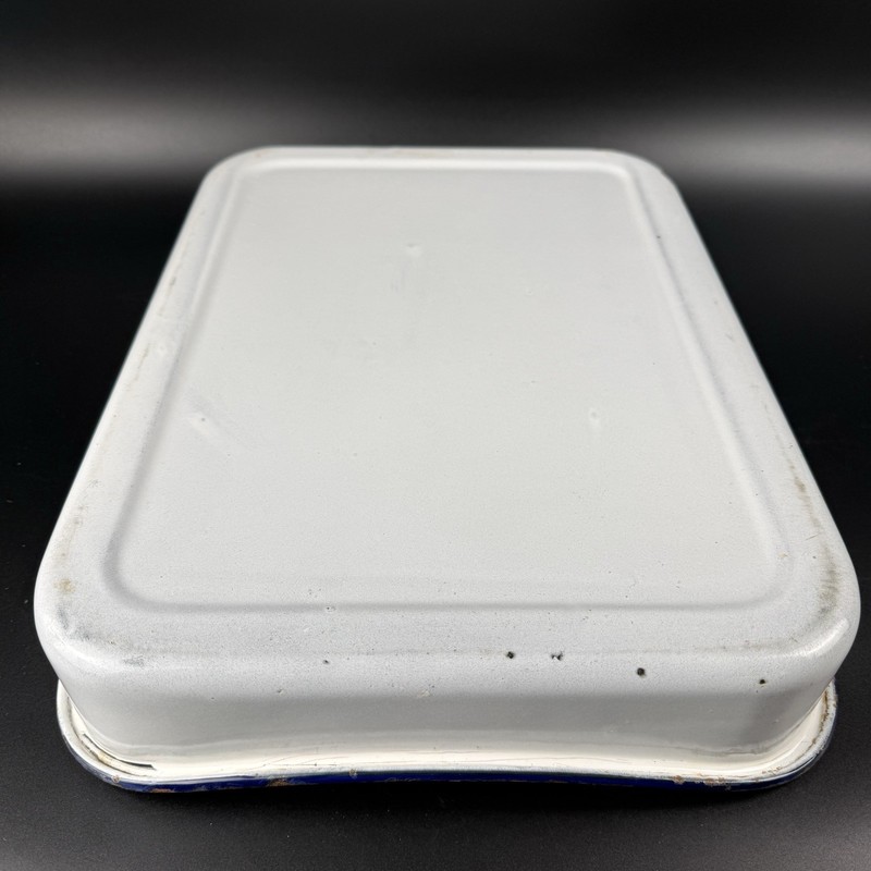 Vintage White Enamelware Medical Sterilization Tray Pan w/ Lid Blue Rim Rustic gallery