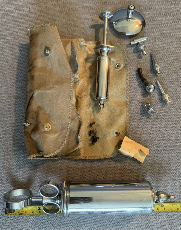 Vintage Medical Syringes and attachments with holder
