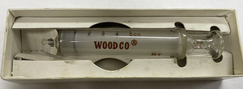 Vintg Wood Instrument Co 5cc RT 889 Hypodermic Glass Syringe Luer Glass Tip/Box