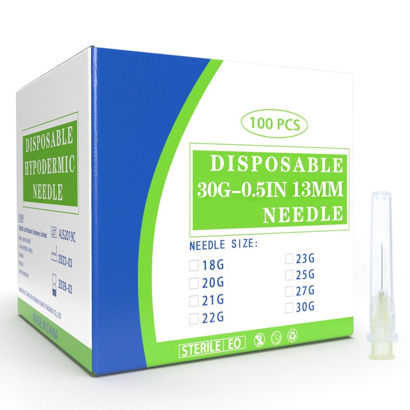 Meterbox 100 Pack 30 Ga 1/2 inch Disposable Needles with Caps 30G