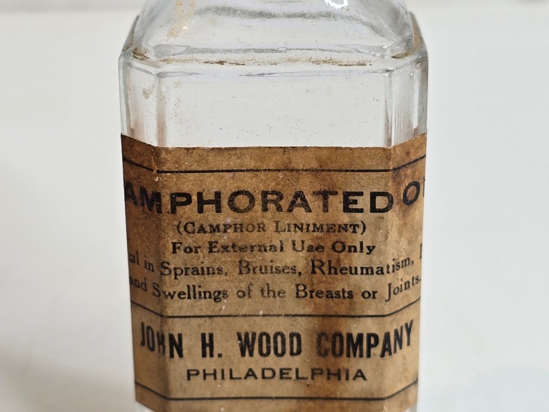 Vintage Camphorated Oil Camphor Liniment by John H Wood Apothecary Bottle Empty gallery